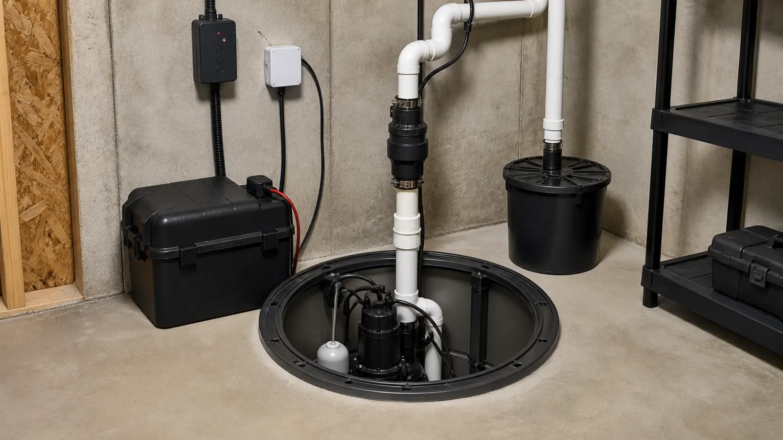 Representative sump pump and float inside a clean basement pit