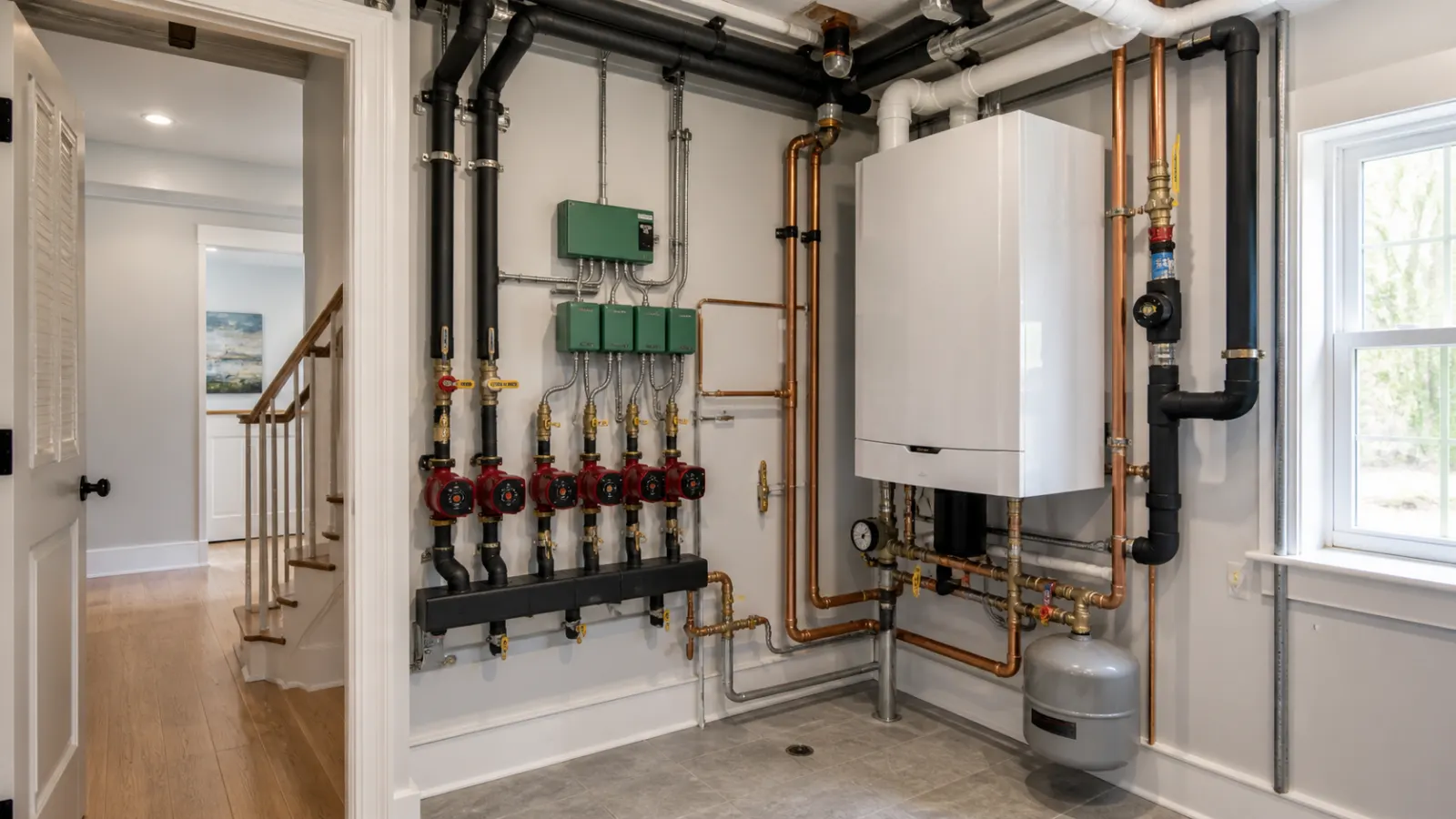 Representative boiler and hydronic heating equipment in a mechanical room