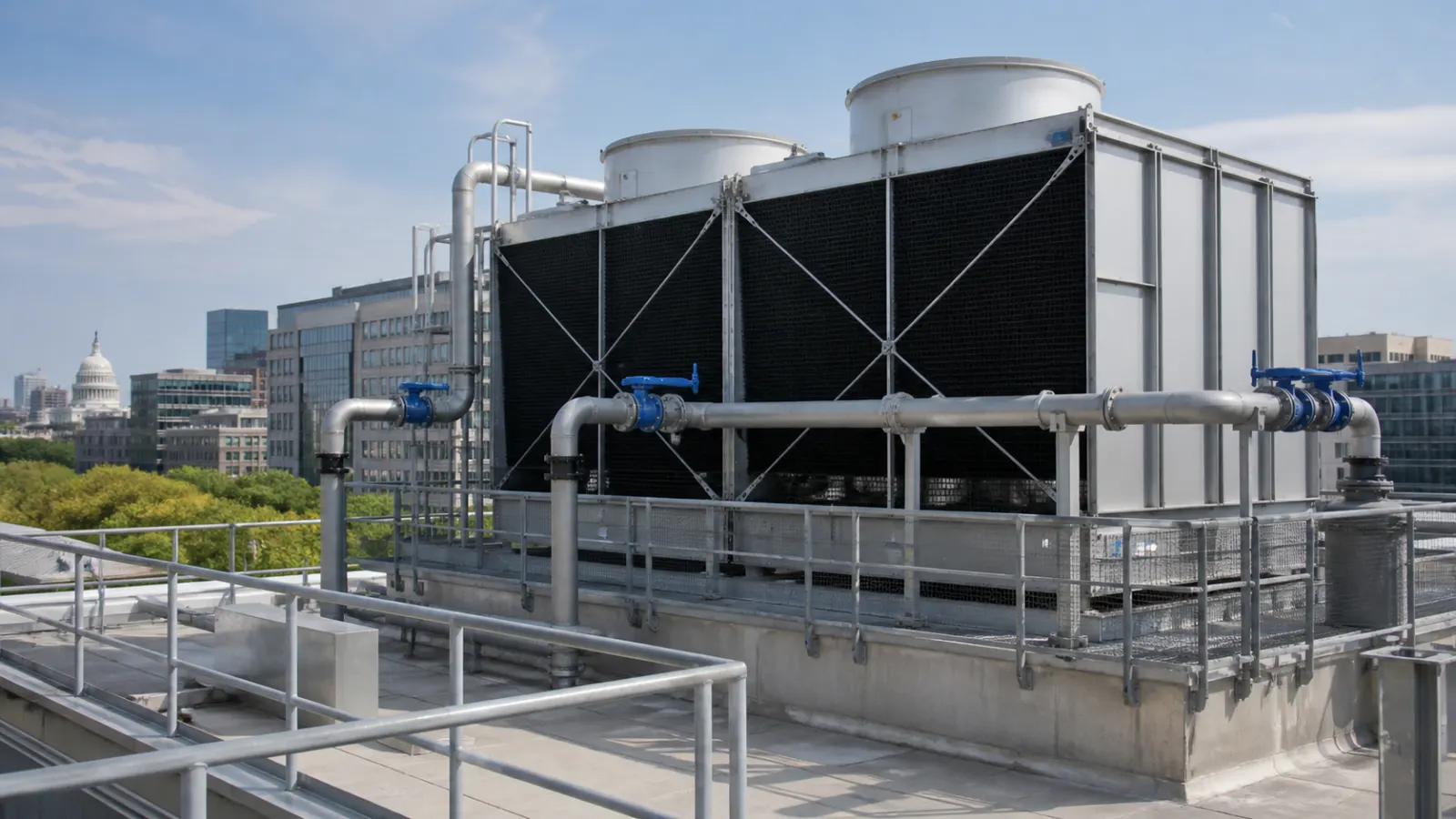 Representative commercial cooling tower on a building roof