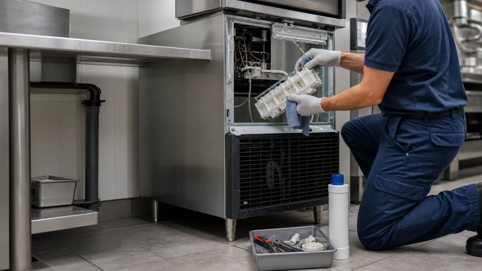 Representative technician cleaning and inspecting a commercial ice machine