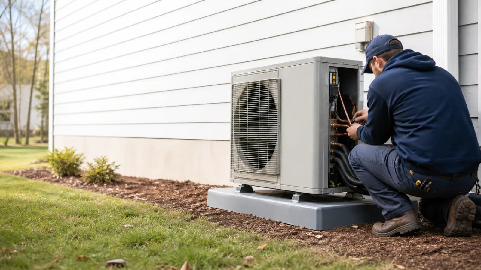 Representative HVAC technician connecting a newly installed outdoor heat pump