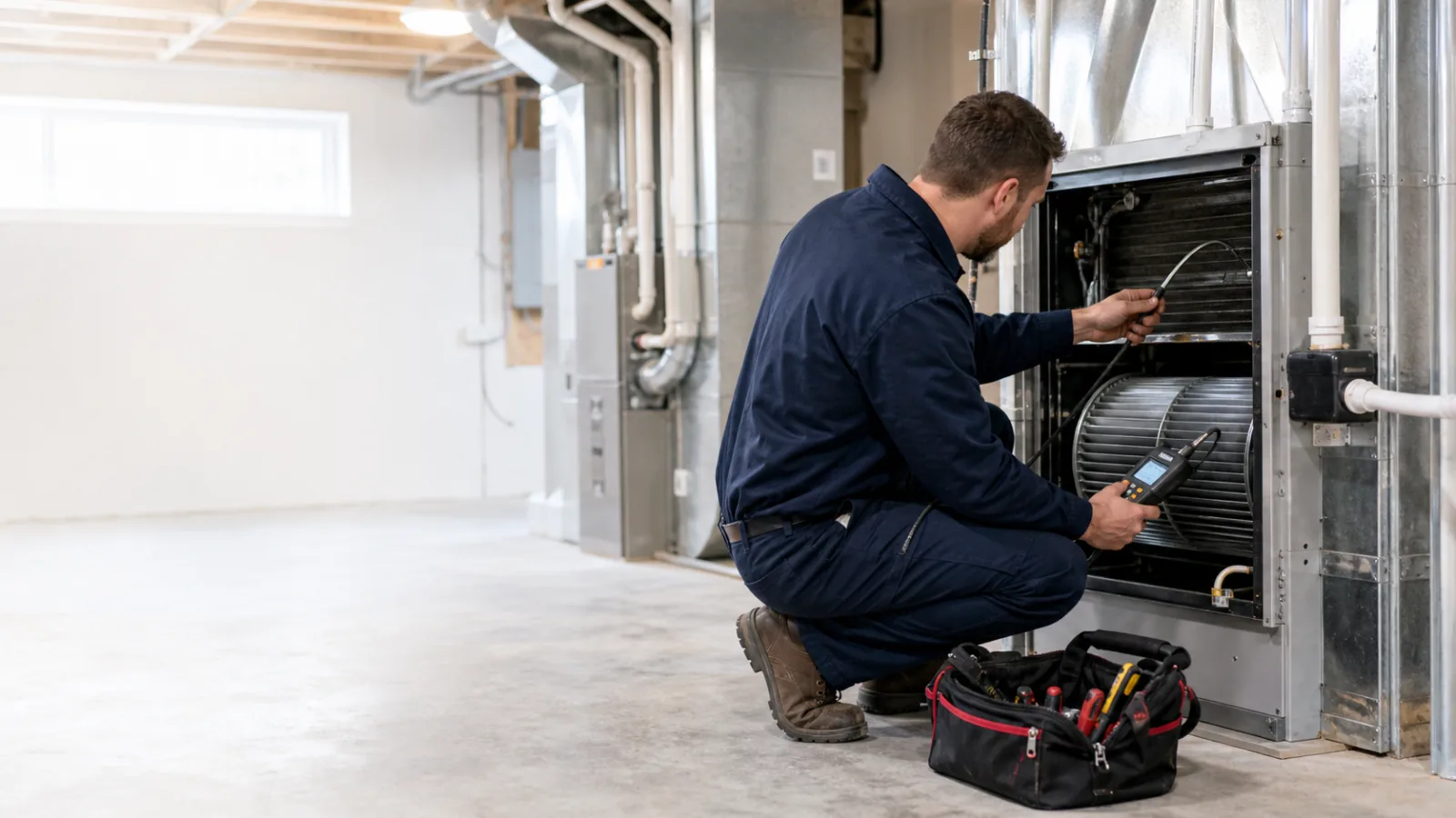 Representative HVAC technician inspecting equipment during a maintenance visit