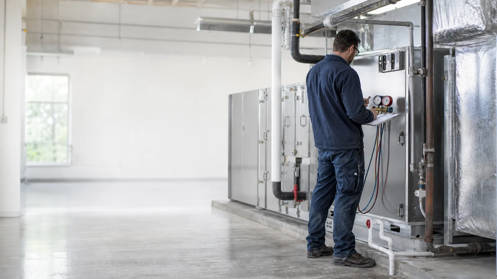 Representative HVAC technician reviewing equipment in a mechanical room