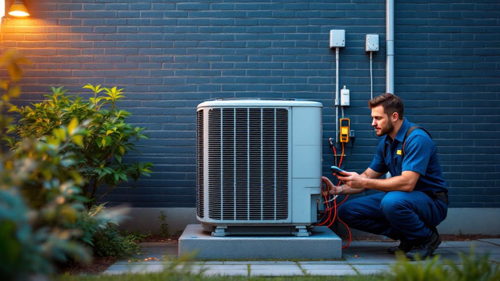Illustrative HVAC technician diagnosing an outdoor air-conditioning condenser