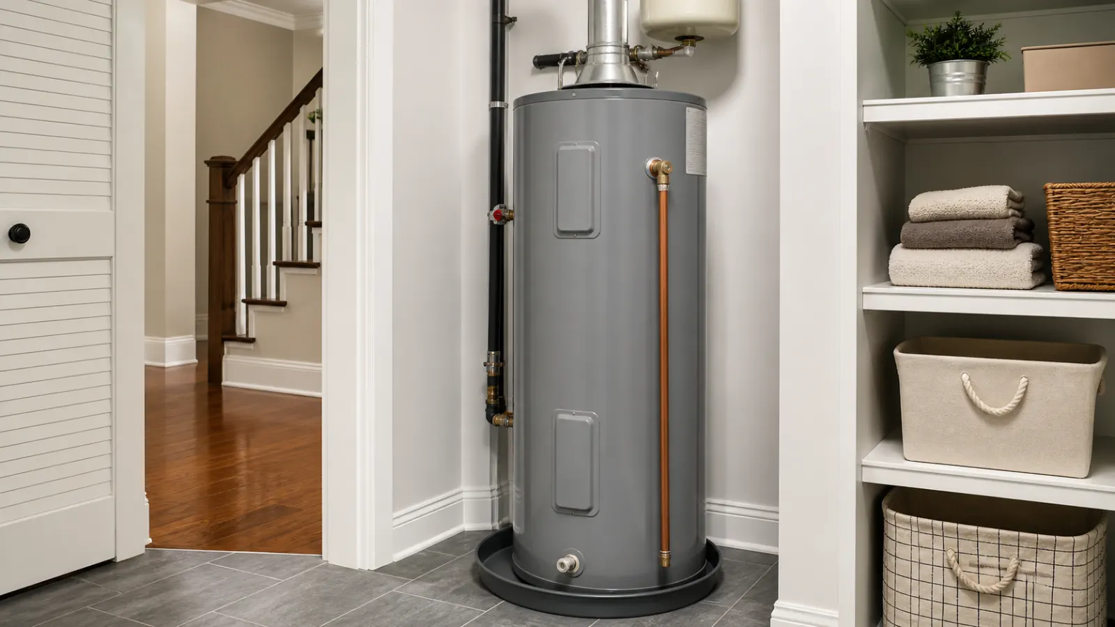 Representative residential water heater in a utility room