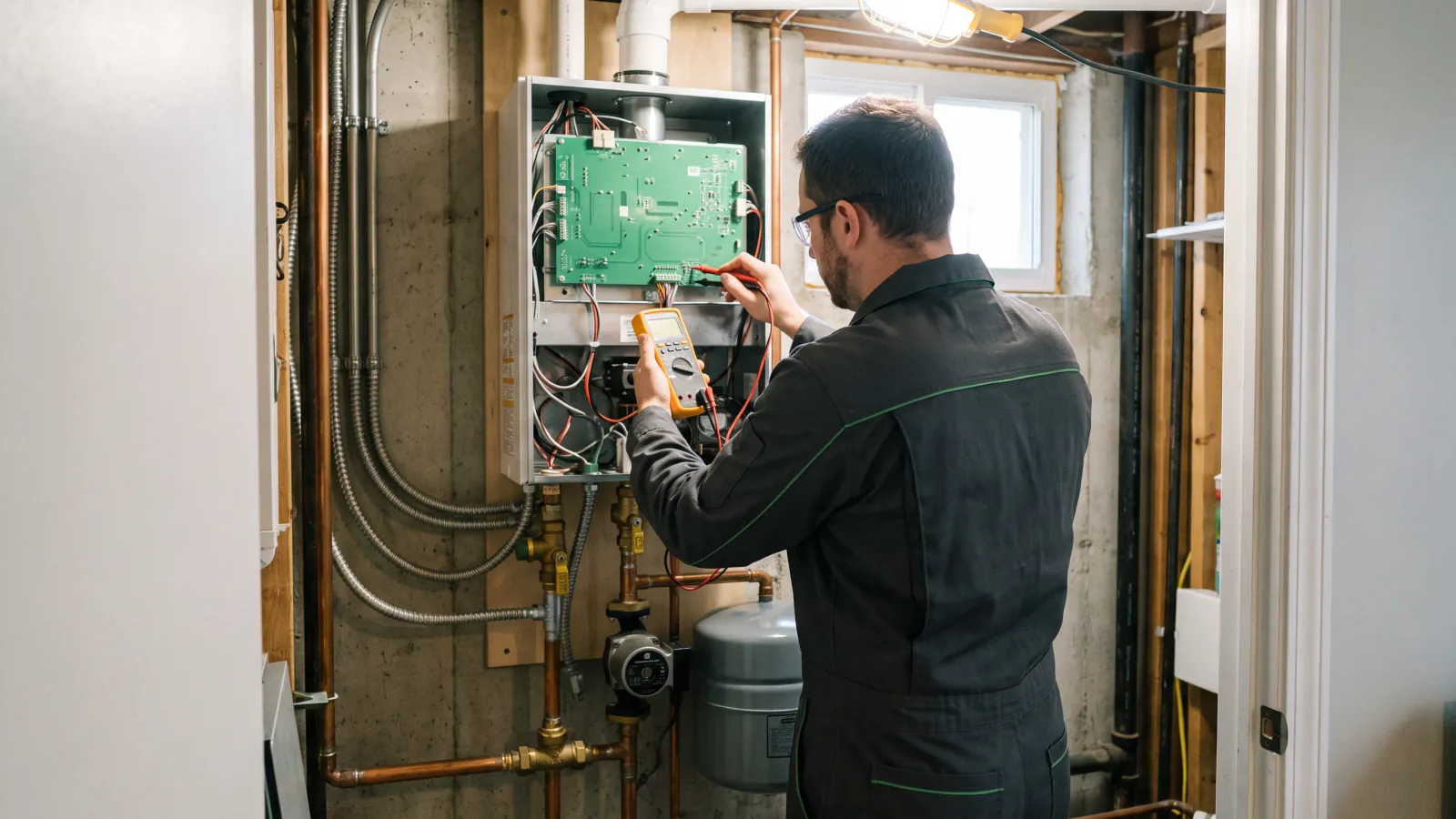 Technician testing boiler controls and hydronic heating pump equipment