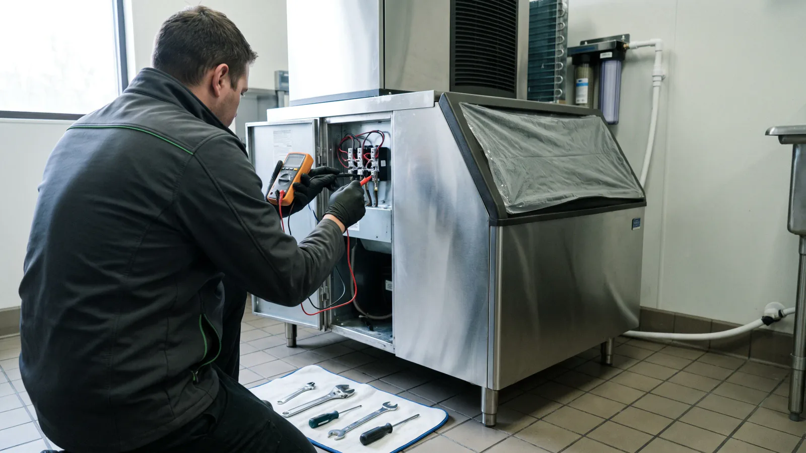 Commercial refrigeration technician servicing ice-machine equipment with clean tools