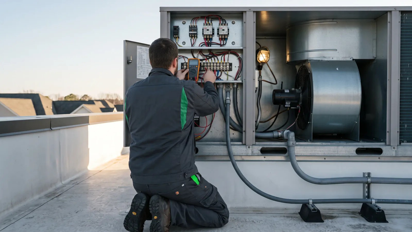 Commercial HVAC technician checking controls inside rooftop equipment